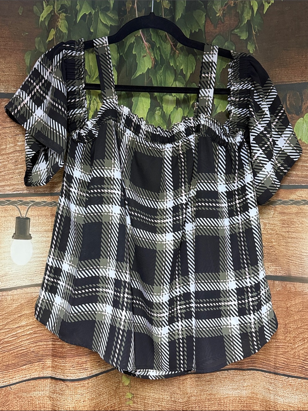 EUC Candie's Black and White Plaid Off-Shoulder Top